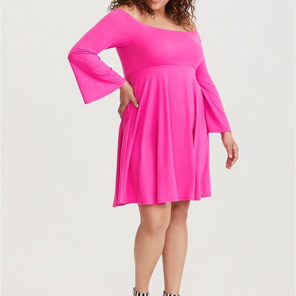 Torrid | Bright Pink Jersey Off Shoulder Bell Sleeves Skater Dress Sz. 0 - Picture 2 of 6